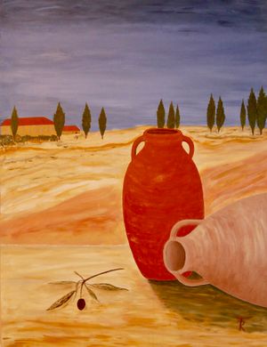 Toscana-Landschaft 1 mit zwei Ölkrügen im Vordergrund